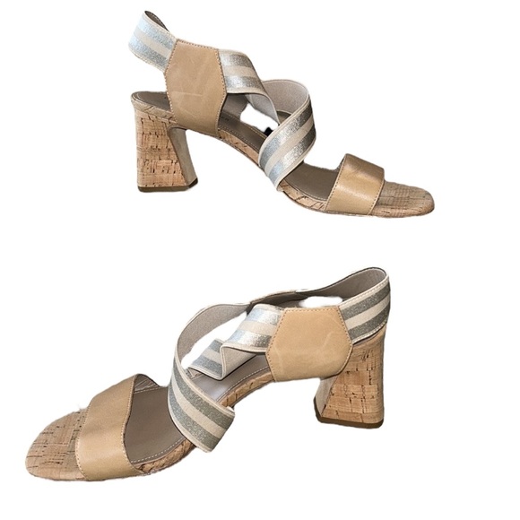 Donald Pliner Vikki Nude Leather Metallic Silver Block Cork Heel Sandals - 9 - Picture 4 of 14